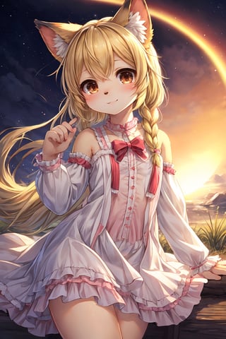 masterpiece,best quality,ultra detailed,highres,absurdres,illustration,cute,kawaii,(girlish:1.1),feminine,soft,texture,long eyelash,
BREAK 1girl,solo,dog ears,french braid,blonde hair,detailed and gradient brown eyes,girly ainu,solar flare,kemono