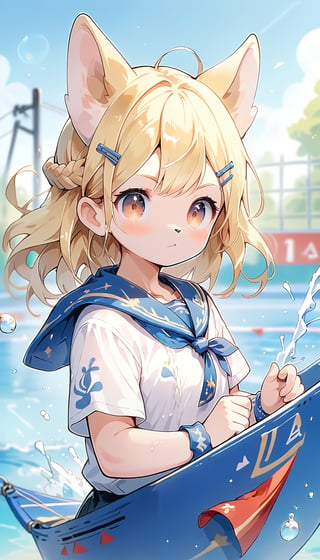 score_9_up, score_8_up, score_7_up,score_6_up,score_5_up,source_anime,masterpiece,best quality,illustration,cute,kawaii,1girl,solo,blonde hair,french_braid,dog ears,gradient brown eyes,On the Olympic stage, a woman is sailing with all her might. Her face shows a serious expression, and you can see the tension in her muscles. Amidst the splashing water, her boat moves forward powerfully, with the audience’s eyes focused on her. Her figure, putting everything into this moment, truly embodies the beauty and tension of sports, score_9_up,(sailing:1.5)