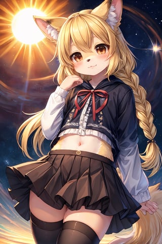 masterpiece,best quality,ultra detailed,highres,absurdres,illustration,cute,kawaii,(girlish:1.1),feminine,soft,texture,long eyelash,
BREAK 1girl,solo,dog ears,french braid,blonde hair,detailed and gradient brown eyes,girly ainu,solar flare,kemono,(furry:1.3),leggings,miniskirt