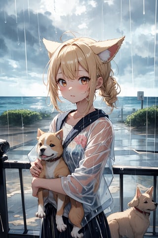 masterpiece,best quality,ultra detailed,highres,absurdres,illustration,cute,kawaii,BREAK 1girl,solo,dog ears,french braid,blonde hair,detailed and gradient brown eyes,(downpour:1.5),ootd,stunned look,(shock:1.3) BREAK outdoors,(rainy:1.3),heavy rainstorm,beach,ocean,okinawa,magnificent view,overlooking,