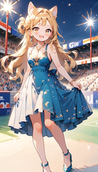 score_9_up, score_8_up, score_7_up,score_6_up,score_5_up,source_anime,masterpiece,best quality,illustration,cute,kawaii,1girl,solo,blonde hair,french_braid,dog ears,gradient brown eyes,At the (Olympic closing ceremony:1.5),Her expression reflects both the sadness of the event’s end and the satisfaction of having given her all. Amidst the applause and cheers from the audience,night,formal dress primarily white with golden embroidery,beautifully shimmering in the light,The hem of the dress flares out gracefully, swaying elegantly with her movements. She wears simple yet elegant heels, perfectly complementing her overall look,the girl wears a beaming smile