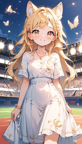 score_9_up, score_8_up, score_7_up,score_6_up,score_5_up,source_anime,masterpiece,best quality,illustration,cute,kawaii,1girl,solo,blonde hair,french_braid,dog ears,gradient brown eyes,At the (Olympic closing ceremony:1.5),Her expression reflects both the sadness of the event’s end and the satisfaction of having given her all. Amidst the applause and cheers from the audience,night,formal dress primarily white with golden embroidery,beautifully shimmering in the light,The hem of the dress flares out gracefully, swaying elegantly with her movements. She wears simple yet elegant heels, perfectly complementing her overall look,the girl wears a beaming smile