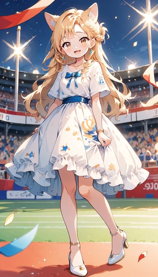 score_9_up, score_8_up, score_7_up,score_6_up,score_5_up,source_anime,masterpiece,best quality,illustration,cute,kawaii,1girl,solo,blonde hair,french_braid,dog ears,gradient brown eyes,At the (Olympic closing ceremony:1.5),Her expression reflects both the sadness of the event’s end and the satisfaction of having given her all. Amidst the applause and cheers from the audience,night,formal dress primarily white with golden embroidery,beautifully shimmering in the light,The hem of the dress flares out gracefully, swaying elegantly with her movements. She wears simple yet elegant heels, perfectly complementing her overall look,the girl wears a beaming smile