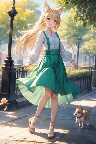 The illustration depicts a high school girl, dressed stylishly, in a bright early summer park. She is dressed lightly to match the early summer climate, with a big smile on her face. Around her, fresh green trees and colorful flowers are in full bloom 
BREAK
Her outfit is light to match the early summer climate, consisting of a flared skirt and blouse combination, sandals on her feet, giving an overall refreshing impression. Her hair is long and flowing in the wind, with a small earring shining in her ear.
BREAK
1girl,solo,dog ears,french braid,blonde hair,detailed and gradient brown eyes