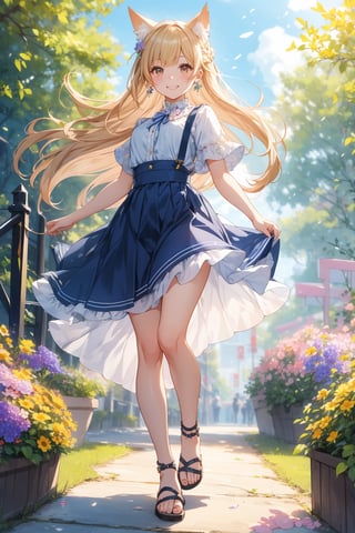 The illustration depicts a high school girl, dressed stylishly, in a bright early summer park. She is dressed lightly to match the early summer climate, with a big smile on her face. Around her, fresh green trees and colorful (flowers are in full bloom:1.3) 
BREAK
Her outfit is light to match the early summer climate, consisting of a flared skirt and blouse combination, sandals on her feet, giving an overall refreshing impression. Her hair is long and flowing in the wind, with a small earring shining in her ear.
BREAK
1girl,solo,dog ears,french braid,blonde hair,detailed and gradient brown eyes,cute,kawaii,