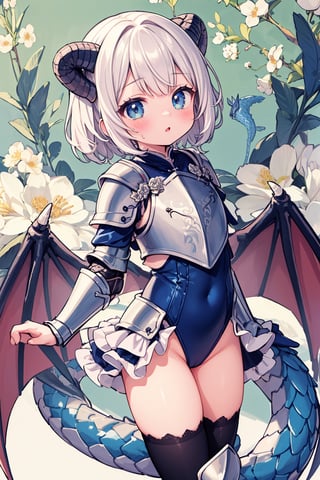 masterpiece,best quality,ultra detailed,highres,absurdres,illustration,cute,kawaii,(girlish:1.3),feminine,soft,texture,long eyelash,impressionism,
BREAK 1girl,solo,dragon wing,dragon horn,thick tail,frills,(scale leotard armor:1.4),,laced skirt
BREAK (flower background:1.1),wallpaper,