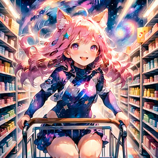 score_9_up, score_8_up, score_7_up,score_6_up,score_5_up,source_anime,masterpiece,best quality,illustration,cute,kawaii,1girl,solo,pink Iridescent hair,wofl girl,long hair,on shopping cart,The girl riding a shopping cart through warp space speeds forward as if cutting through the wind. Her hair dances in the breeze, and her eyes are filled with sparkle. Stars and galaxies spread out around the cart, creating a fantastical scene as if she is racing through the universe. Her smile is full of adventure, evoking a sense of limitless possibilities,source_furry,(furry:1.3),watercolor \(medium\),speed,speed_lines,(sense of speed:1.3),(school swimsuit:1.4)