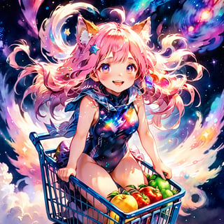 score_9_up, score_8_up, score_7_up,score_6_up,score_5_up,source_anime,masterpiece,best quality,illustration,cute,kawaii,1girl,solo,pink Iridescent hair,wofl girl,long hair,on shopping cart,The girl riding a shopping cart through warp space speeds forward as if cutting through the wind. Her hair dances in the breeze, and her eyes are filled with sparkle. Stars and galaxies spread out around the cart, creating a fantastical scene as if she is racing through the universe. Her smile is full of adventure, evoking a sense of limitless possibilities,source_furry,(furry:1.3),watercolor \(medium\),speed,speed_lines,(sense of speed:1.3),(school swimsuit:1.4)