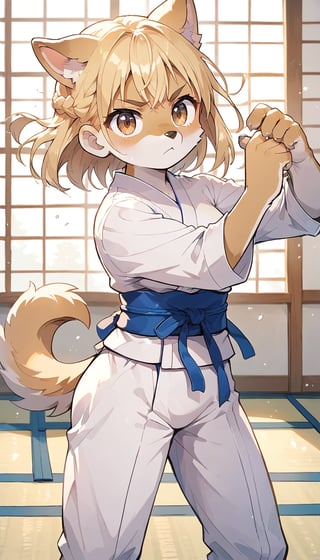 score_9_up, score_8_up, score_7_up,score_6_up,score_5_up,source_anime,masterpiece,best quality,illustration,cute,kawaii,1girl,solo,blonde hair,french_braid,dog ears,gradient brown eyes,paris olympic,judo, wearing judo wear,tatami,judo,sutanding,serious,indoors,furry,judo match,(female judo athlete:1.4),Judo combat pose