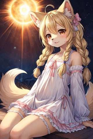 masterpiece,best quality,ultra detailed,highres,absurdres,illustration,cute,kawaii,(girlish:1.1),feminine,soft,texture,long eyelash,
BREAK 1girl,solo,dog ears,french braid,blonde hair,detailed and gradient brown eyes,girly ainu,solar flare,kemono,(furry:1.3)