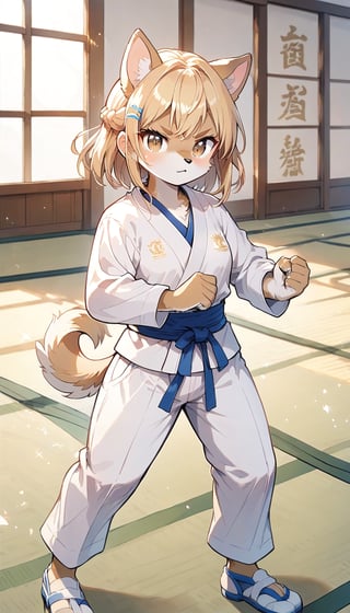 score_9_up, score_8_up, score_7_up,score_6_up,score_5_up,source_anime,masterpiece,best quality,illustration,cute,kawaii,1girl,solo,blonde hair,french_braid,dog ears,gradient brown eyes,paris olympic,judo, wearing judo wear,tatami,judo,sutanding,serious,indoors,furry,judo match,Olympic female judo athlete