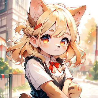 score_9_up, score_8_up, score_7_up,score_6_up,score_5_up,source_anime,source_furry,masterpiece,best quality,illustration,cute,kawaii,watercolor \(medium\),,1girl,solo,1girl,solo,dog ears,blonde hair,french braid,gradient brown eyes,Classic Speakeasy Bartender,fitted black vest over a crisp white blouse with puffed sleeves and a high neckline,