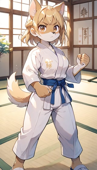 score_9_up, score_8_up, score_7_up,score_6_up,score_5_up,source_anime,masterpiece,best quality,illustration,cute,kawaii,1girl,solo,blonde hair,french_braid,dog ears,gradient brown eyes,paris olympic,judo, wearing judo wear,tatami,judo,sutanding,serious,indoors,furry,judo match,(female judo athlete:1.4),Judo combat pose