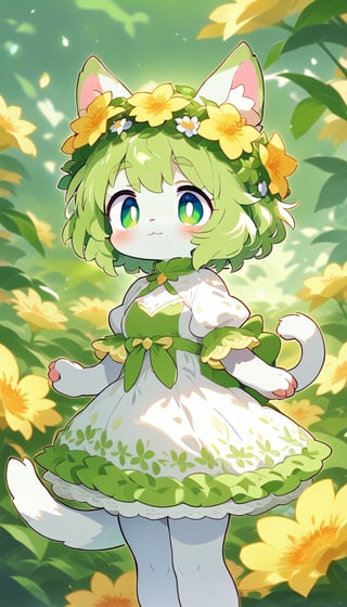 score_9_up, score_8_up, score_7_up,score_6_up,score_5_up,source_anime,masterpiece,best quality,illustration,cute,kawaii,1girl,solo,furry white cat female,white fur, cat tail, messy short green hair, flower crown, green eyes, thick green eyebrows, white and green dress,short sleeves,(royal:1.2),elegance,graceful,small breasts,high waist,light smile,(petite:1.2),source_furry,