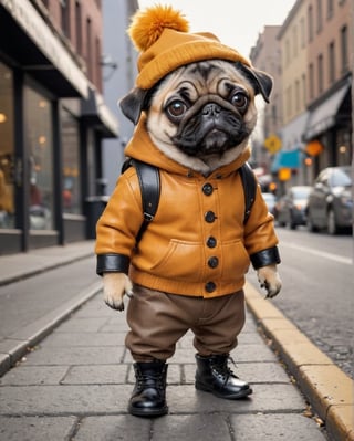 An anthropomorphic pug dressed up cutely in a rock style outfit and black pointy leather shoes walks down the street. It has orange fur and big eyes, and wears brown pants, a yellow sweater with gray patterned buttons, and a hat made of felt. The poses in the photos are cute, the standing posture is super realistic, and the whole body is plump. The photography is of high definition, with a head-to-body ratio of 1:8 (ultra realistic picture)
((full body)), (seen from afar).