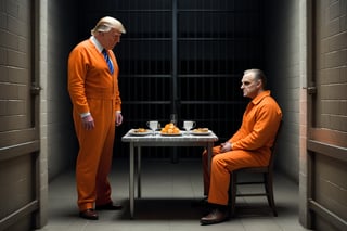 realistic photograph two men, 
Hannibal Lecter the Cannibal, sitting down to dinner with Donald Trump, Trump is wearing an orange jumpsuit, Hannible is wearing his prison garb, They are in a jail cell sitting in the middle of a large empty room, realistic,  high contrast, high_resolution, detailed, 