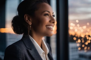 A cinematic, extremely realist photograph at golden hour that inspires hope for America,  a closeup photo of female executive wearing a suit, looking out his office window watches a fireworks display in the distance. She is smiling and has a perfect face and eyes. 