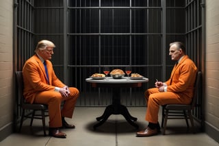 realistic photograph two men, 
Hannibal Lecter the Cannibal, sitting down to dinner with Donald Trump, Trump is wearing an orange jumpsuit, Hannible is wearing his prison garb, They are in a jail cell sitting in the middle of a large empty room, realistic,  high contrast, high_resolution, detailed, 