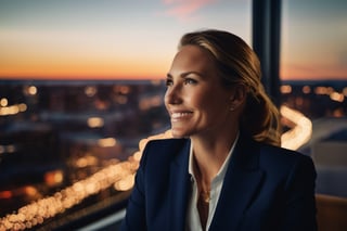 A cinematic, extremely realist photograph at golden hour that inspires hope for America,  a closeup photo of female executive wearing a suit, looking out his office window watches a fireworks display in the distance. She is smiling and has a perfect face and eyes. 