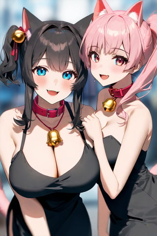 amazing quality, best quality, high quality, (masterpiece, best quality:1.2), (extremely detailed, 8k, uhd),(depth of field), (chromatic aberration:1.1),chromatic aberration, blurry background,multiple_girls, breasts, 2girls, animal_ears, blue_eyes, cat_ears, black_hair, red_eyes, fang, pink_hair, looking_at_viewer, v, collar, dress, tail, smile, long_hair, open_mouth, twintails, cat_tail, bell, white_background, blush, black_dress, bare_shoulders, neck_bell, bangs, :3, simple_background, large_breasts, medium_breasts, clothing_cutout, side_ponytail, cleavage, :d, red_collar, jingle_bell, chocolate, parted_lips, cowboy_shot, sidelocks, dynamic blur, detailed, beautiful color, amazing quality, particle,byCiloranko