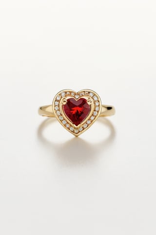 A gold ring with a red stone in a heart design, white background. 