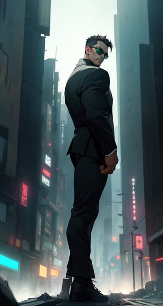 Master masterpiece, high-definition picture quality, matrix style, Matrix, ((1matureman)), the correct body proportion, black glasses, short hair, brown eyes, city, green, floating, all-black suit, dark night, buildings, Code matrix cascading from top to bottom, Cyberpunk