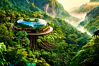 forest , tree , future, daytime, sun shine, future, asia, drizzle, futuristic architecture house, architecture assimilate into forest, palm tree, different species of asian forest plant, perspective depth of field, animal ,round & oval shape architecture house, wind, mountain bacground , bird fly, waterfall, colourful plant