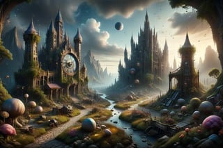 a beguiling epic stunning beautiful and insanely detailed matte painting of dream worlds, the land of clocks and gears at the end of time with surreal architecture designed by Heironymous Bosch, with mega structures inspired by Heironymous Bosch's Garden of Earthly Delights, vast surreal landscape and horizon by Asher Durand and Cyril Rolando and Natalie Shau, masterpiece!!!, grand!, imaginative!!!, whimsical!!, epic scale, intricate details, sense of awe, elite, wonder, insanely complex, masterful composition!!!, sharp focus, fantasy realism, dramatic lighting