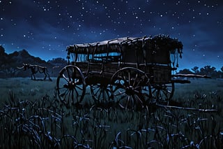 A cart without oxen travels on a dark and lonely night and the cart instead of footprints has a skeleton of what was once oxen skeletal effects