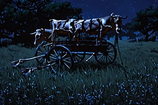 A cart without oxen travels on a dark and lonely night and the cart instead of footprints has a skeleton of what was once oxen skeletal effects