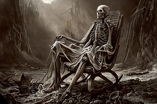 Imágenes Realismo Mythical and gloomy scene of a skeleton which has already sat in a chair or rocking chair that is already covered by fabric, it damages you and dust, the skeleton itself has been there posing in that rocking chair for hundreds of years,LegendDarkFantasy