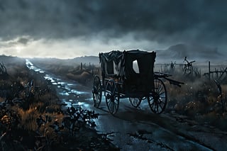 A dimly lit, deserted road stretches out like a canvas of darkness. A cart, devoid of its burden, glides smoothly across the desolate terrain, leaving behind a haunting trail of skeletal remains - the eerie imprint of what once supported the weight of the cart's journey. The air is heavy with the scent of decay and foreboding.