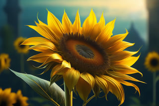 A vibrant sunflower blooms against a warm, sunny sky, its bright yellow petals shining like a beacon of joy. The most striking feature, however, is the diamond-shaped stem, refracting light into a dazzling display of facets and highlights, adding an extra layer of luxury to this already-stunning flower.