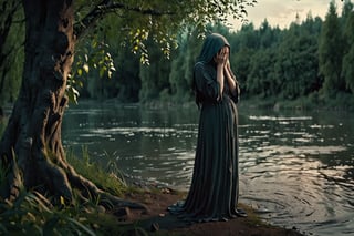 The weeping woman cries near the river, the loss of her son is at night and she is near a leafy and dark forest.