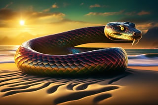 A majestic giant snake with vibrant striped scales slithers across a sandy beach, its body undulating in harmony with the rhythmic waves crashing against the shore. Warm sunlight casts a golden glow on its scaly skin, accentuating the iridescent colors of its stripes as it raises its head to survey its tropical surroundings.