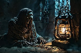 Darkness envelops the ancient tomb, eerie lantern light flickering on stone walls as a decrepit mummy lies bound by rusty chains, its wrappings tattered and worn, amidst the musty air and damp shadows of the dungeon's depths.