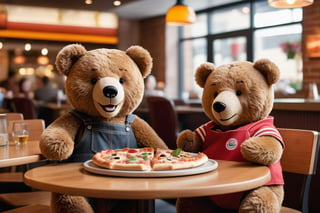 Prompt
Two Teddy bears enjoying a casual meal together at a restaurant, sharing laughter and pizza. One bear is holding a slice of pizza, while the other has him hand on the table. They are both smiling, suggesting a friendly and relaxed atmosphere. The background features other patrons and a menu board, indicating they are in a public dining setting.