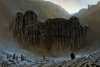 Sinister and disturbing monsters that are in the shadows lurking with very bad intentions to scare people. The monster in question is a creation of Lovecraft.,LegendDarkFantasy,digital artwork by Beksinski