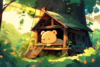 cute bear cub waking up in a forest, morning sunlight, treehouse, cartoon style, Miyagi Tatsuya art style