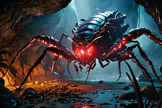 A dimly lit cave entrance frames a surreal scene: mutant arthropods with vibrant red eyes glowing like embers in the darkness. The eerie luminescence casts an otherworldly glow on their twisted, armored bodies as they scuttle across the damp stone floor.,Movie Poster