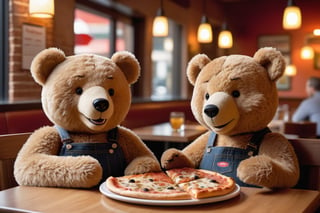 Prompt
Two Teddy bears enjoying a casual meal together at a restaurant, sharing laughter and pizza. One bear is holding a slice of pizza, while the other has him hand on the table. They are both smiling, suggesting a friendly and relaxed atmosphere. The background features other patrons and a menu board, indicating they are in a public dining setting.