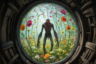 A fisheye lens captures the vibrant flower field, where petals stretch far and wide like a kaleidoscope of colors. In the midst of this beauty, an unexpected figure stands - a Ghoul on the other side of the wooden door. The door, crafted from lightweight cardboard or balsa wood, boasts intricate carvings and painted with whimsical hues, standing upright amidst the blossoms like a surreal discovery.,FuturEvoLab