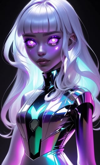 (masterpiece),(best quality), 

1girl, solo, long hair, looking at viewer, simple background, closed mouth, blue hair, upper body, white hair, blunt bangs, lips, glowing, colored skin, black background, portrait, white eyes, no pupils, purple skin,  

hologram skirt,portrait,(dress hologram:1.2), bioluminescent liquid