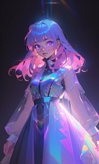 (masterpiece),(best quality), 

1girl, solo, long hair, looking at viewer, blue hair, purple eyes, pink hair, glasses, blunt bangs, lips, black background, portrait, round eyewear,  chromatic, chromatic hair,


hologram skirt,portrait,(dress hologram:1.2), bioluminescent liquid