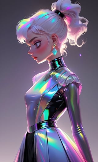 (masterpiece),(best quality), 

1girl, solo, long hair, blush, gloves, long sleeves, jewelry, upper body, ponytail, white hair, earrings, white gloves, from side, profile,  chromatic, chromatic hair,chromatic dress, chromatic background,


hologram skirt,portrait,(dress hologram:1.2), bioluminescent liquid