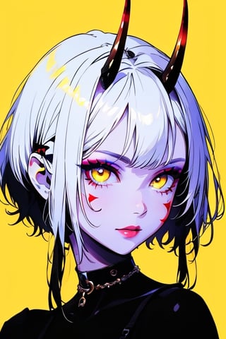 (masterpiece),,(best quality), 


1girl, solo, looking at viewer, short hair, black hair, hair ornament, horns, choker, yellow eyes, makeup, colored skin, facial mark, x hair ornament, portrait, short hair with long locks, yellow background 