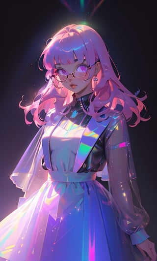 (masterpiece),(best quality), 

1girl, solo, long hair, looking at viewer, blue hair, purple eyes, pink hair, glasses, blunt bangs, lips, black background, portrait, round eyewear,  chromatic, chromatic hair,


hologram skirt,portrait,(dress hologram:1.2), bioluminescent liquid