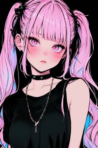 (masterpiece),,(best quality), 
1girl, solo, long hair, looking at viewer, blush, simple background, shirt, hair ornament, bare shoulders, twintails,  upper body, pink hair,  choker, hairclip, pink eyes, off shoulder, black shirt, black background,  multicolored eyes, covering mouth, off-shoulder shirt, 

High detailed ,masterpiece