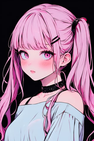 (masterpiece),,(best quality), 
1girl, solo, long hair, looking at viewer, blush, simple background, shirt, hair ornament, bare shoulders, twintails,  upper body, pink hair,  choker, hairclip, pink eyes, off shoulder, black shirt, black background,  multicolored eyes, covering mouth, off-shoulder shirt, 

High detailed ,masterpiece