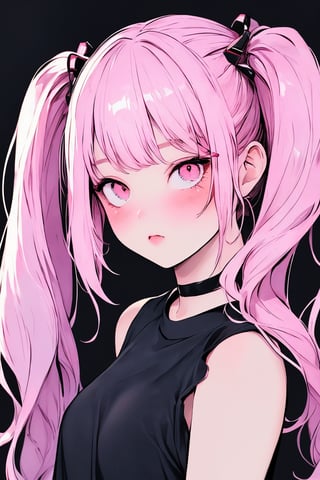 (masterpiece),,(best quality), 
1girl, solo, long hair, looking at viewer, blush, simple background, shirt, hair ornament, bare shoulders, twintails,  upper body, pink hair,  choker, hairclip, pink eyes, off shoulder, black shirt, black background,  multicolored eyes, covering mouth, off-shoulder shirt, 

High detailed ,masterpiece